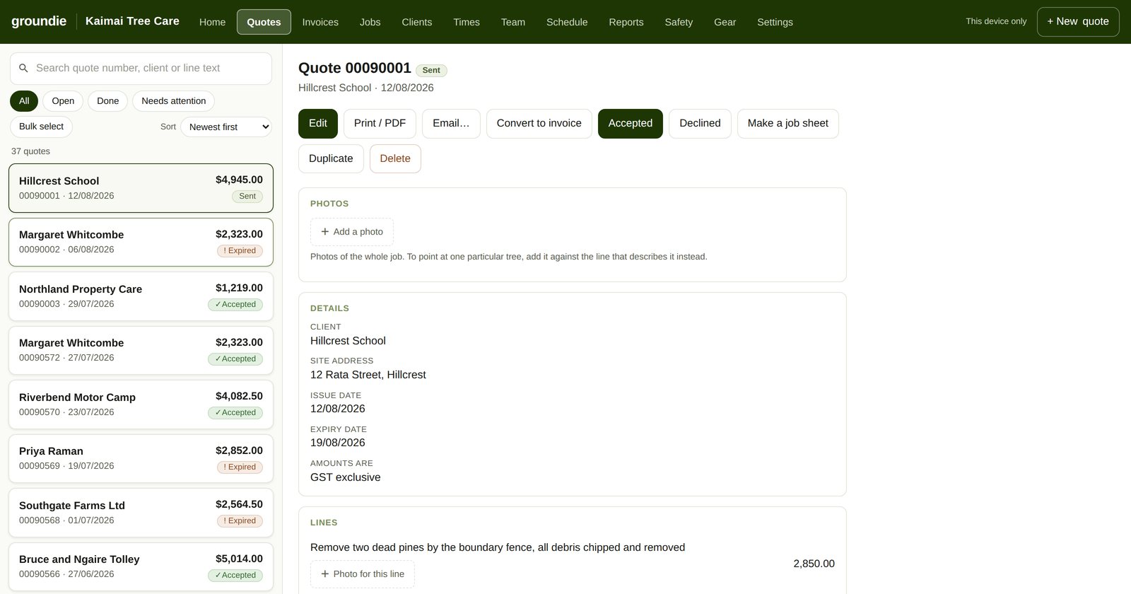 A Groundie quote for Hillcrest School: two lines of tree work with prices, subtotal, GST and total, beside a list of thirty-seven quotes marked sent, accepted or expired.